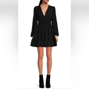 NWT Gianni Bini Talia Long Sleeve Smocked Waist Tiered Hem Black Dress Size XS